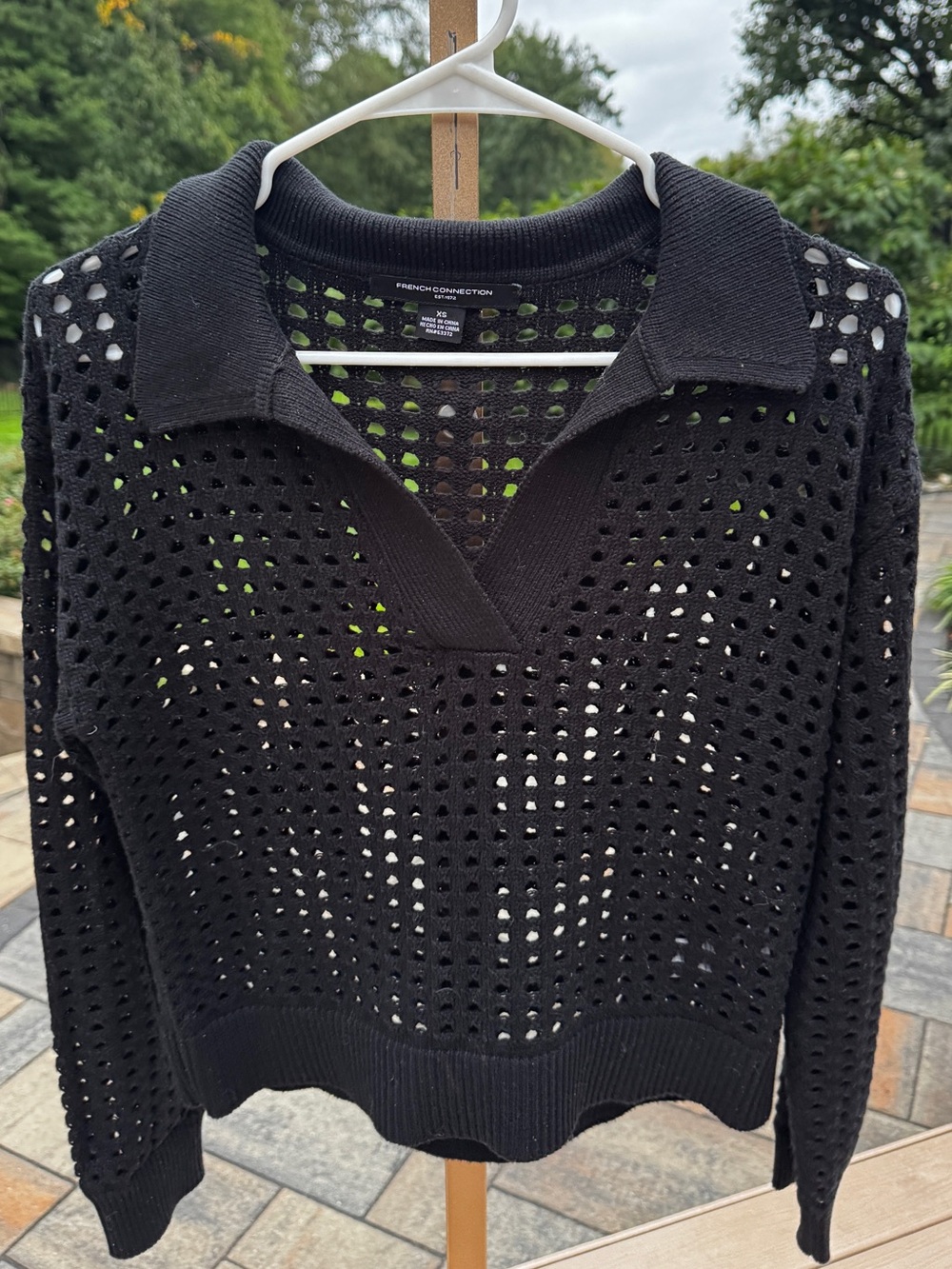 FRENCH CONNECTION Manda Pointelle Open Stitch Polo Sweater Black Women’s XS